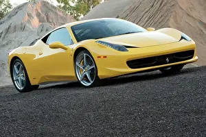 Dirt Road Prints: 2011 Ferrari 458 Italia parked in quarry, front 3/4