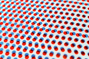 Three Dimensional Prints: 3D red and blue dots pattern overlapping on white background