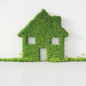 Sustainable Energy Prints: 3D Rendering, House from grass on wall, copy space