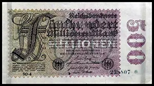 Money Prints: 500, 000, 000 Reichsmark banknote; Germany