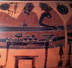 Conversing Prints: 6th century BC, Red and black, Greek vase depicting two men sharing a couch while dining and conversing