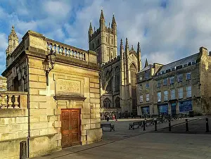 Cloister Prints: Abbey church and churchyard from corner of Roman Baths, Bath, Somerset, England, UK