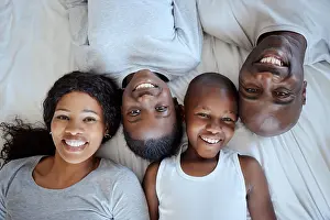 Lazy Prints: Above, happy kids and black family in bed or portrait with love