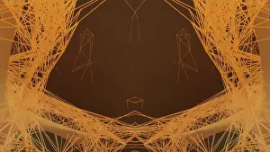 Graphic Prints: Abstract background with curved and linear shapes in yellow on a black background