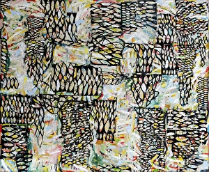 Collage Prints: An abstract collage and encaustic painting with swirling brush strokes