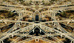 Aerial Prints: Abstract symmetrical aerial view of flyovers and highways, Los Angeles, California, USA