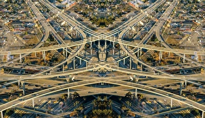 Connections Prints: Abstract symmetrical aerial view of highways and flyovers, Los Angeles, California, USA