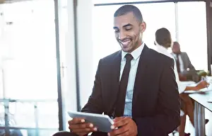 Accountant Prints: Accountant, tablet and happy man in office for business email