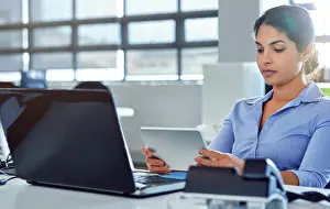 Analysis Prints: Administration office, tablet and woman focus on reading financial savings