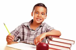 4 5 Years Prints: Adorable hispanic boy with books, apple, pencil and paper isolated on a white background