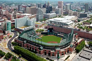 Baseball Prints: Aerial of Camden Yards with the Downtown Baltimore Skyline behind it
