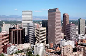 Mountains Prints: Aerial of the Downtown Denver Skyline with the Rocky mountains in the background