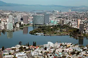 West Coast Prints: Aerial of Downtown Oakland, California with Lake Merritt and the San Francisco Bay