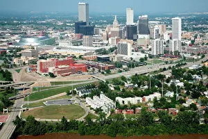 Skyscrapers Prints: Aerial of Downtown Tulsa, Oklahoma Skyline from the Arkansas River
