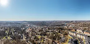 Innenstadt Prints: Aerial drone view of the downtown and university in Morgantown