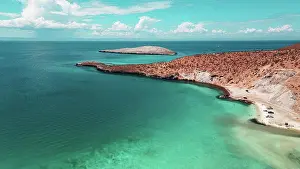 Drone Point Of View Prints: Aerial drone view of tropical blue desert beach, La Paz Mexico