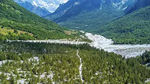 Hike Prints: Aerial drone view of Valbona valley, Theth national park, Albanian Alps, Albania, Europe