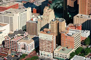Hotel Prints: Aerial of Historic buildings in Downtown Fort Worth inlcuding the Blackstone Hotel and FW Woolworth Building