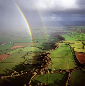 Weather Prints: Aerial image of a double rainbow over the Somerset Levels