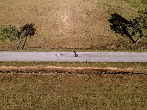 Skateboard Prints: Aerial overhead view of skateboarding man in a mountain road