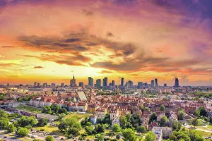 Skyscraper Prints: Aerial panorama of Warsaw, Poland over the Vistual river and Ci