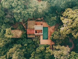 From The Sky Prints: Aerial shot of a secluded house with a swimming pool surrounded by dense greenery