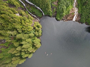 Outdoor Pursuit Prints: Top down aerial vie of three kayakers in Misty Fjords National Monument Wilderness area Ketchikan Gateway