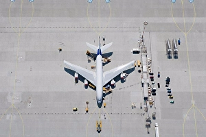 Runway Prints: Aerial view of airplane on tarmac