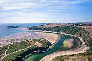 Body Of Water Prints: Aerial view of Bantham Beach and River Avon from a drone