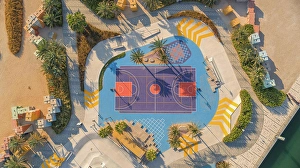 Dubai Prints: Aerial view of a Basketball playground at the Skate Park the Block along Dubai Creek
