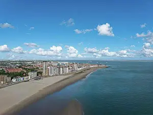 Benelux Prints: Aerial view with beach and cityscape, Vlissingen, Zeeland, Netherlands
