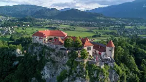 Alps Prints: Aerial View of the Bled Lake Castle and the Julian Alps