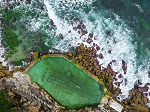 New South Wales Prints: Aerial view of Bronte Baths, an oceanside saltwater pool