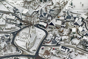 North Rhine Westphalia Prints: Aerial view, Brunskappeler church in winter and Wildenberg castle