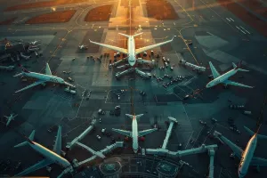 Runway Prints: Aerial view of busy airport with planes taking off and landing representing dynamics of air travel
