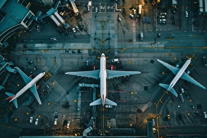 Runway Prints: Aerial view of busy airport with planes taking off and landing representing dynamics of air travel
