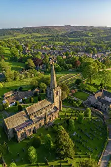 Cemetery Prints: Aerial view of church and village of Hathersage village