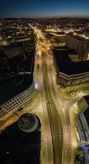 Drone Point Of View Prints: Aerial view empty city streets at night, Stuttgart, Baden-Wuerttemberg, Germany