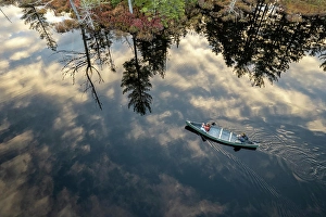 Aerial Prints: aerial view of couple navigating canoe across swamp in Maine woods