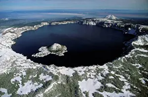 Travelling Prints: Aerial view of Crater Lake and Wizard Island; Oregon, United States of America