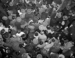 Overlooking Prints: Aerial View Of Crowd Of Men And Women In Times Square Nyc Celebrating New Years Many Hats Outdoor