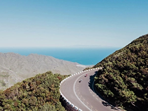 Biking Prints: Aerial view of two cyclists on road bend in rain forest on sunny day