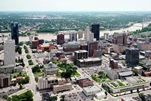 Ohio Prints: Aerial view of downtown Toledo, Ohio with the Maumee River in the background, USA