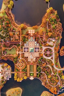 Aerial Prints: Aerial view above of evening island, Chicago, United States