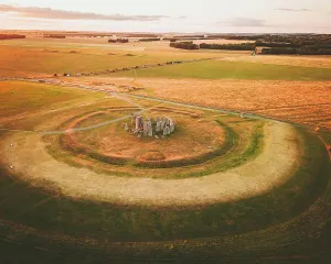 Forms Prints: Aerial view of the famous Stonehenge rock sculpture at sunset, England, United Kingdom