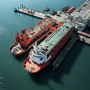 Top Down Prints: Aerial view, fast ferry, car transporter drives over the sea, AI generated