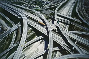 Highways Prints: Aerial view of freeway interchange in Los Angeles looking like cemented spagetti