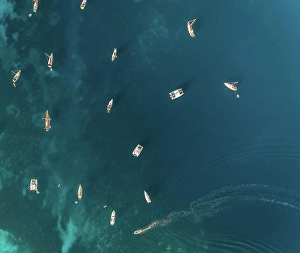 Moor Prints: Aerial view of group of boats anchored in the mediterranean sea, Kastos island, Greece