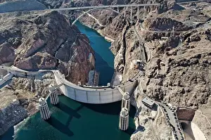 Nevada Prints: Aerial view of the Hoover dam and new US 93 bypass bridge, Arizona Nevada Border, USA