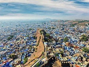 Rajasthan Prints: Aerial view of Jodhpur, also known as Blue City due to the vivid blue-painted Brahmin houses around Mehrangarh Fort